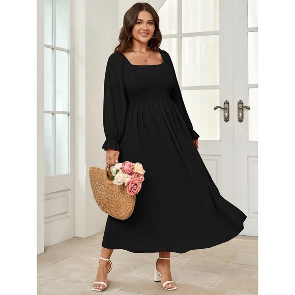Plus Size Maxi Dress Long Sleeve Square Neck Smocked Boho Wedding Party - Picture 7 of 7